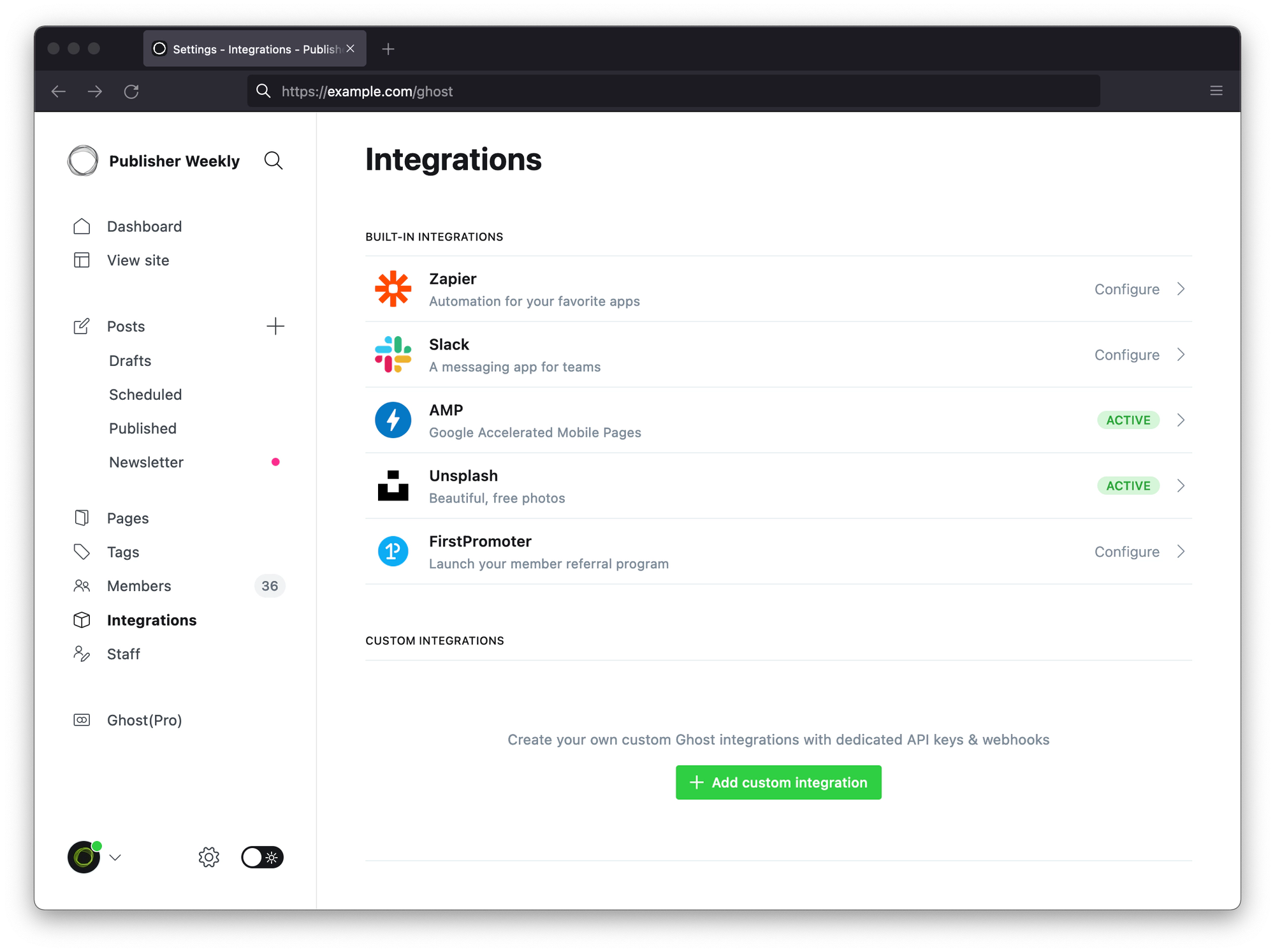 From the integrations screen in Ghost Admin
